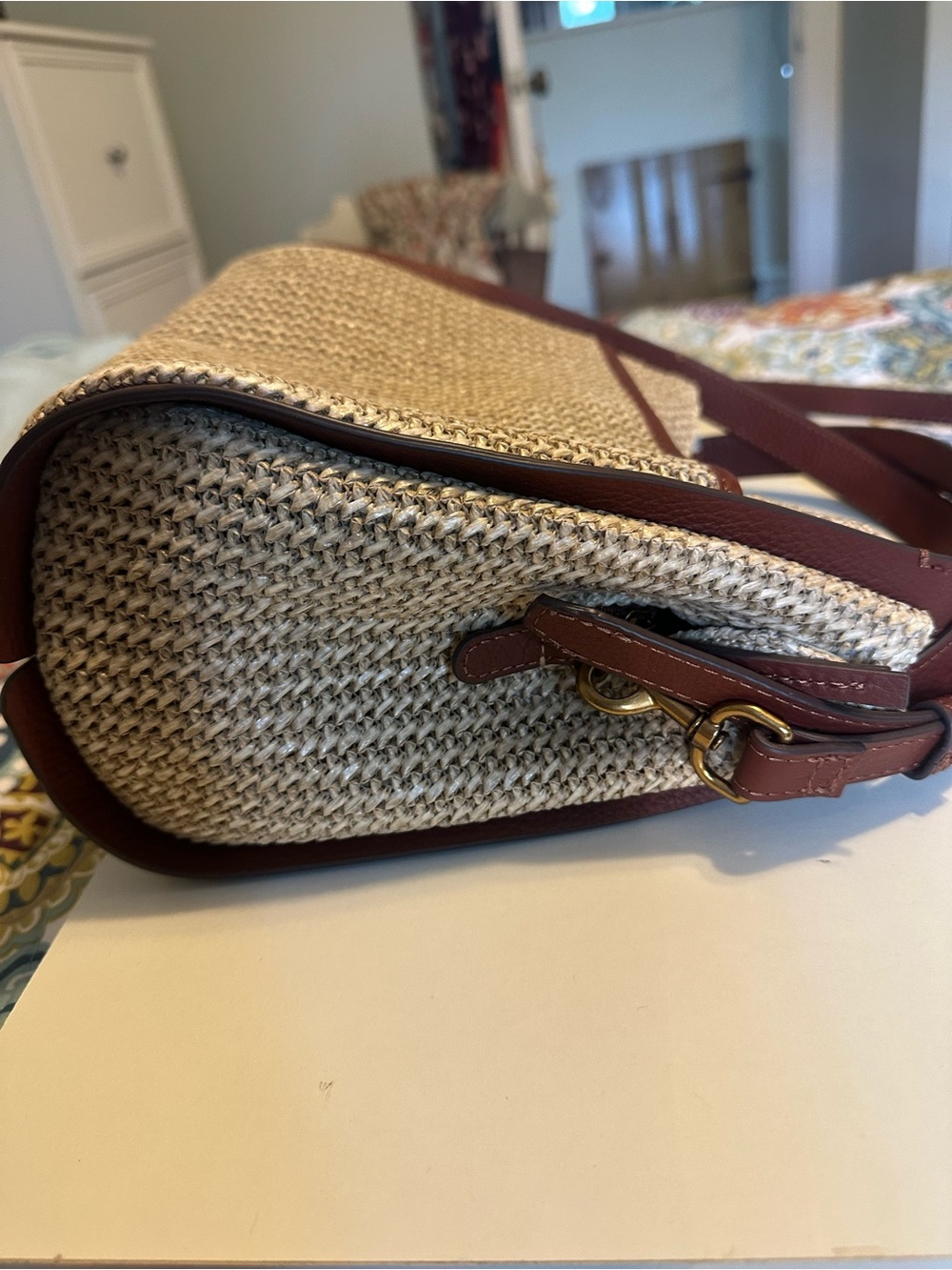 American Leather Co. Triple Entry Raffia & Leather Satchel Handbag Purse - Picture 6 of 9